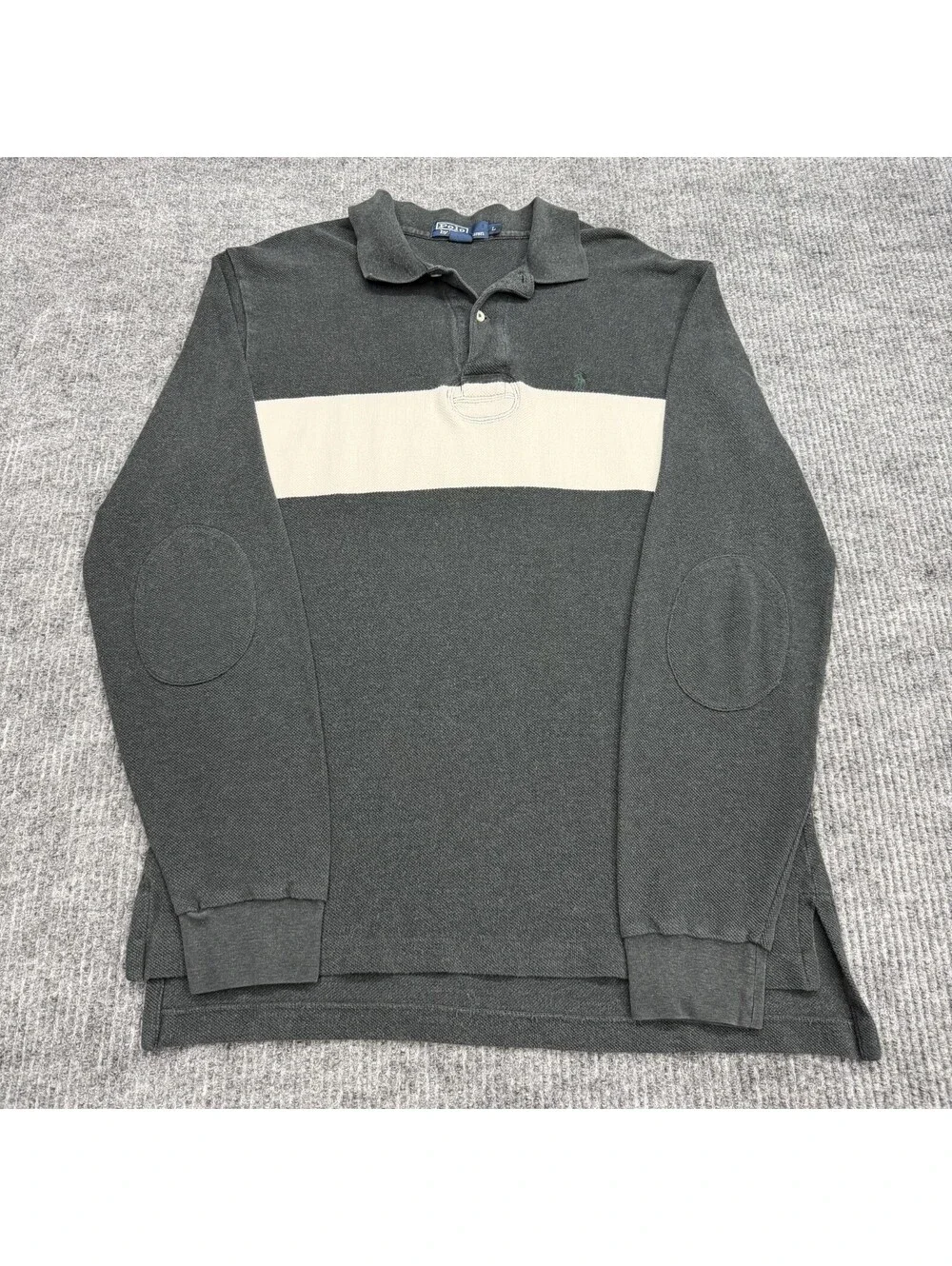 Vintage Polo Ralph Lauren Rugby Polo Shirt Mens L Gray Long Sleeve Elbow Patch